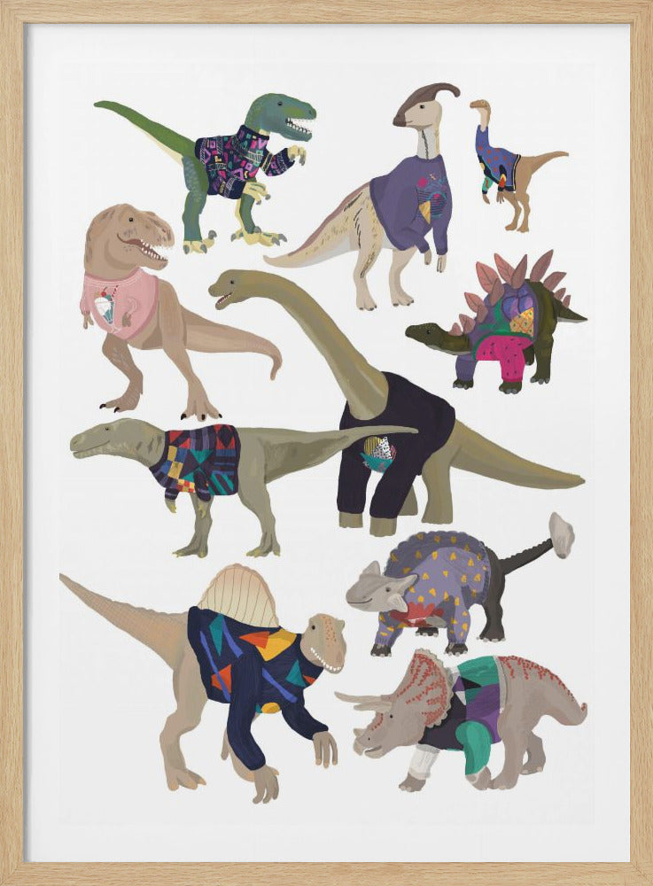 A whimsical art print featuring a collection of ten different dinosaurs, such as a T-Rex, Brachiosaurus, and Stegosaurus, each wearing a unique and colorful retro-style patterned sweater against a white background. Poster