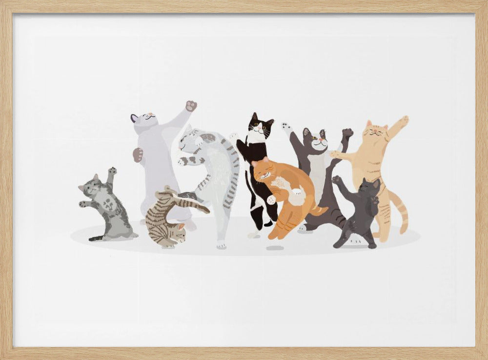 A whimsical illustration featuring a diverse group of about ten cats dancing joyfully together. The cats, which include tabby, ginger, tuxedo, and solid colors, are all on their hind legs with paws in the air against a plain white background, framed in silver. Print