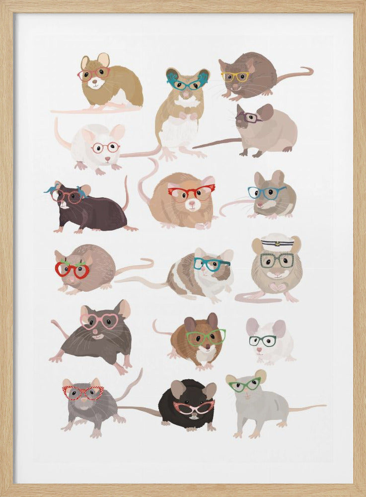 A whimsical illustration featuring a pattern of sixteen cartoon mice, each with a unique fur color and pose, all wearing different styles of colorful eyeglasses against a plain white background. Wall Art