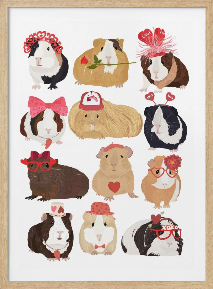 An illustration of twelve cute guinea pigs dressed up for Valentine's Day with accessories like heart-shaped glasses, bows, hats, and roses, arranged on a plain white background. Decor