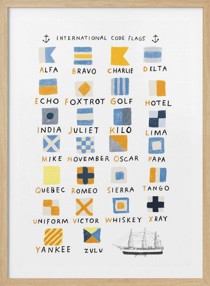 An illustrated art print titled 'International Code Flags' displaying the 26 signal flags corresponding to the letters of the alphabet, from Alfa to Zulu. The flags are arranged in a grid with a hand-drawn look, primarily in shades of blue, yellow, white, and black. A small drawing of a sailing ship is in the bottom right corner. Decor