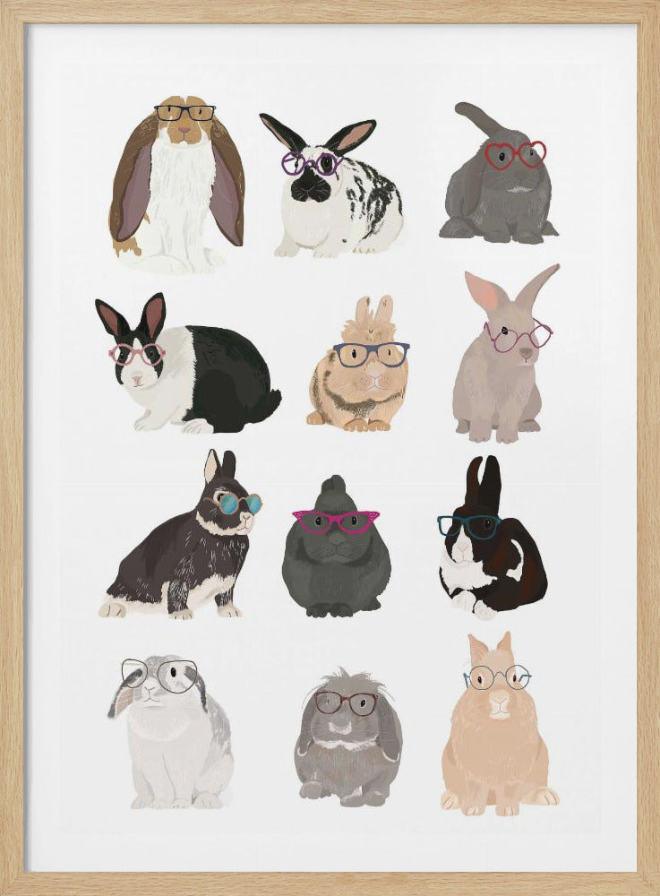 A whimsical art print showing twelve different illustrated rabbits in a grid format, each with unique fur colors and breeds. Every rabbit is humorously depicted wearing a different style and color of eyeglasses, giving them a nerdy and charming appearance against a clean white background. Wall Art