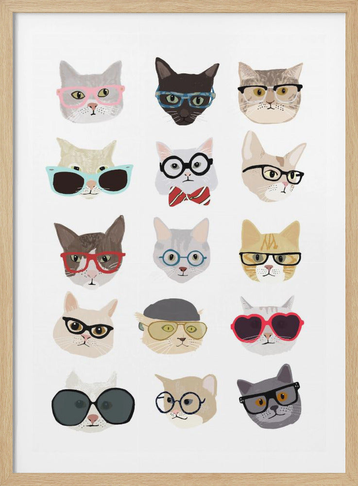 An art print displaying a grid of fifteen different cartoon cat faces on a white background. Each cat is wearing a unique and stylish pair of glasses, creating a quirky and humorous pattern. Decor