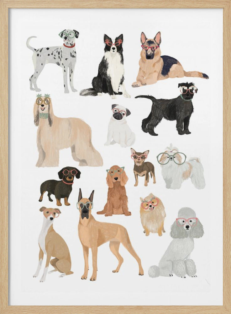 An illustrative art print featuring a collection of various dog breeds, all humorously wearing different styles of colorful glasses. Breeds like a Dalmatian, Border Collie, German Shepherd, Poodle, and Pug are arranged on a plain white background. Wall Art
