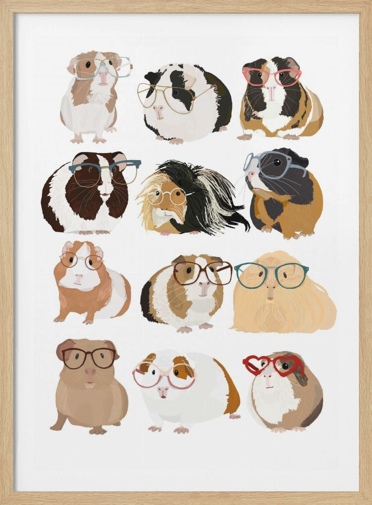An illustration of twelve unique guinea pigs arranged in three rows of four, each wearing a different and stylish pair of eyeglasses. The guinea pigs vary in fur color, including shades of brown, white, black, and tan, and feature different coat textures from smooth to long and fluffy. The background is a clean, solid white, and the entire piece is enclosed in a thin black frame. Wall Art
