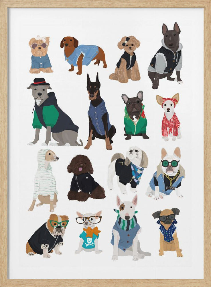 An art print featuring sixteen different breeds of dogs dressed in stylish human clothes, arranged in four rows against a plain white background. The dogs are wearing a variety of fashionable outfits including hoodies, denim vests, sunglasses, and hats, creating a humorous and trendy composition. Poster