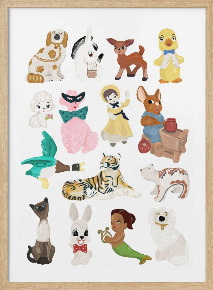 A collection of colorful, vintage-style illustrations of classic figurines on a white background. The figures include a spotted dog, a pink poodle wearing a mask, a fawn, a yellow duck, a mermaid playing a harp, a tiger, and a rabbit. Artwork