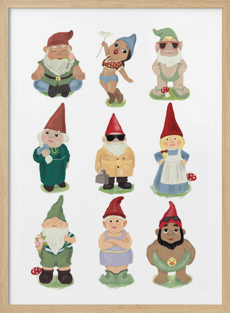 An art print featuring nine different whimsical garden gnomes arranged in a three-by-three grid on a white background. The gnomes are diverse in appearance, including one meditating, a pin-up style gnome, one in sunglasses, a traditional female gnome with a blue dress and white apron, and one with a duck pool floatie. Artwork