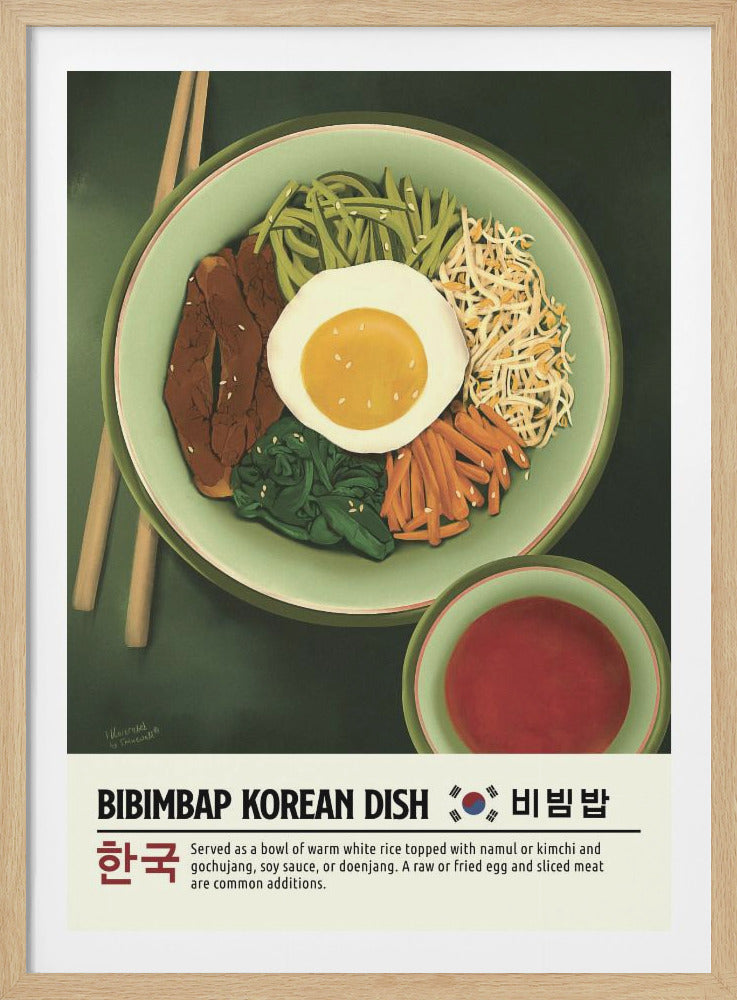 A vintage-style art poster of the Korean dish Bibimbap. The illustration shows a top-down view of a light green bowl filled with neatly arranged ingredients: sliced meat, carrots, bean sprouts, spinach, and a fried egg in the center. A smaller bowl of red sauce and chopsticks are also depicted on a dark green background. The bottom of the poster has text identifying the dish in English and Korean. Print