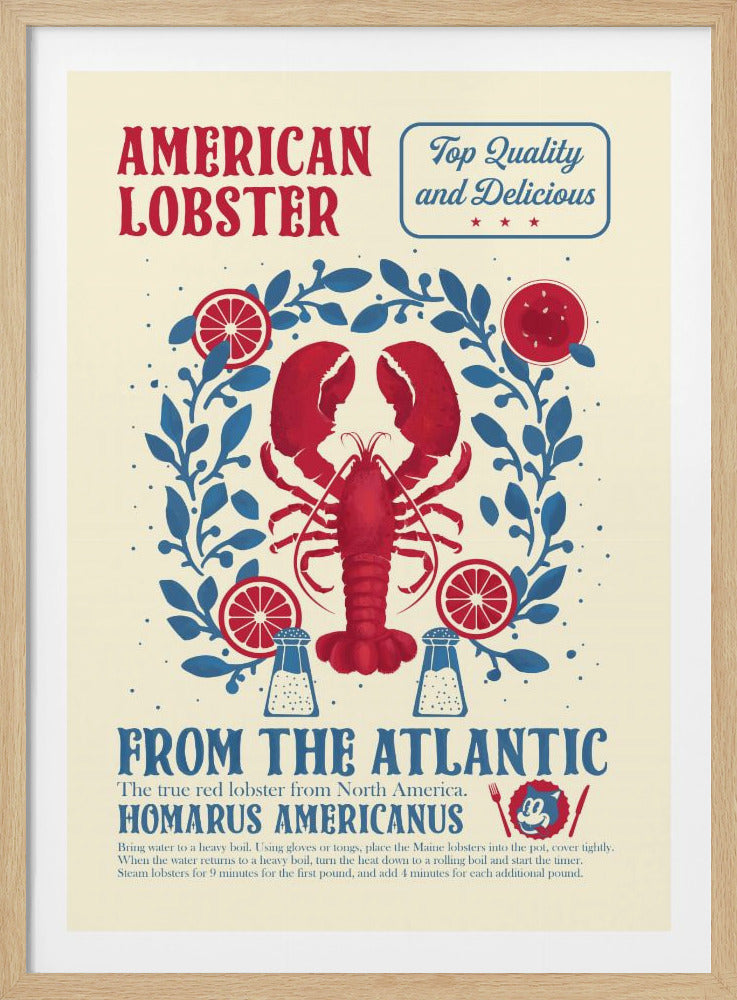 A vintage-style poster advertising 'American Lobster'. It features a central illustration of a large red lobster framed by a wreath of blue leaves and red lemon slices. Below are two salt shakers. The text is in a retro font, with headings 'American Lobster' and 'From the Atlantic', and includes cooking instructions. Wall Art
