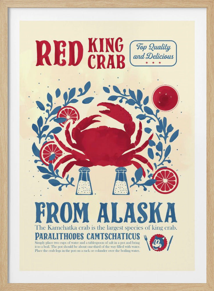 A vintage-style poster advertising 'Red King Crab From Alaska'. The poster features a large red crab in the center, garnished with blue leaves and red citrus slices, and flanked by salt shakers. The text is in bold red and blue fonts on a cream background. Poster