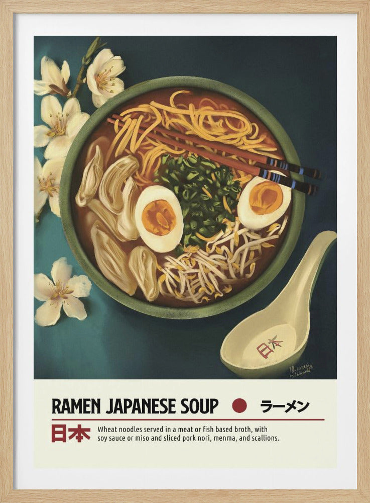 A vintage-style illustrated poster featuring a top-down view of a bowl of Japanese ramen. The ramen includes noodles, broth, sliced eggs, bean sprouts, and scallions. Chopsticks rest on the bowl, which is set against a teal background with white flowers and a ceramic spoon nearby. The bottom of the poster has text that reads 'RAMEN JAPANESE SOUP' with descriptions in English and Japanese. Artwork