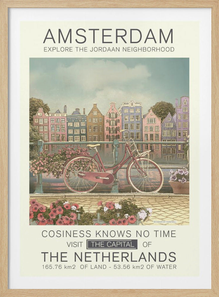 A vintage-style travel poster for Amsterdam. The illustration shows a red bicycle parked on a bridge over a canal, with colorful Dutch houses in the background. Text reads 'Amsterdam, Explore the Jordaan Neighborhood' and 'Visit the Capital of The Netherlands'. Print
