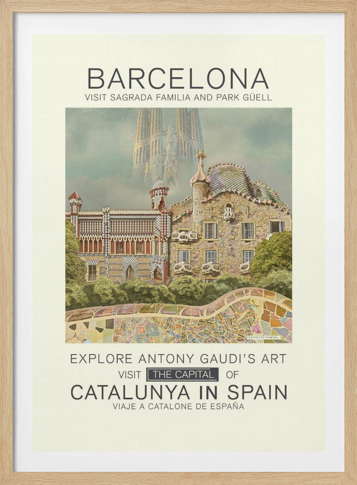 A vintage-style travel poster for Barcelona, featuring the intricate, mosaic-covered architecture of Park Güell in the foreground. In the hazy background, the spires of the Sagrada Familia rise into the sky. Text at the top and bottom invites viewers to visit these Antoni Gaudí landmarks in the capital of Catalunya, Spain. Wall Art