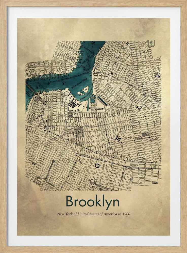 A framed vintage map poster of Brooklyn, New York from the year 1900. The map details the city's grid-like streets on an aged, beige paper background, with the waterways, including Wallabout Bay, highlighted in a vibrant teal color. The poster is titled "Brooklyn" in a dark green font at the bottom. Decor