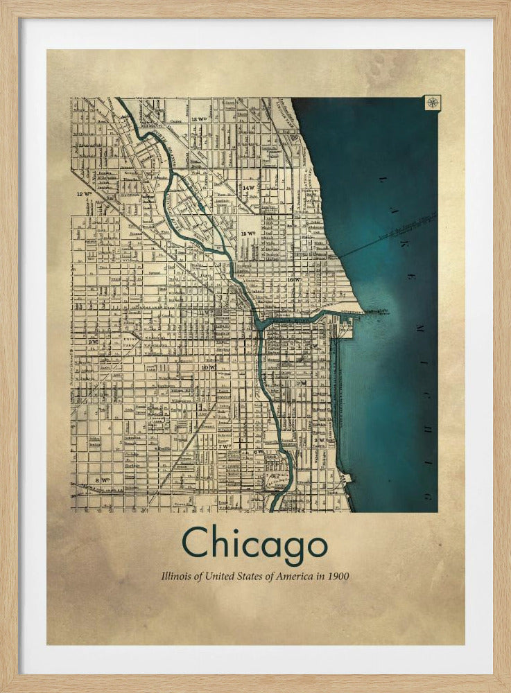A framed vintage-style map of Chicago from the year 1900. The map details the city grid on an aged beige paper background, with Lake Michigan and the Chicago River highlighted in a deep teal color. Below the map, text reads 'Chicago' and 'Illinois of United States of America in 1900'. Artwork