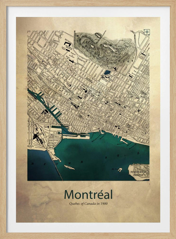 A vintage-style map of Montréal, Quebec from the year 1900, presented in a black frame. The map features a sepia-toned, aged paper texture, with black ink detailing the city's grid layout and landmarks. The St. Lawrence River and port area are highlighted in a deep teal color. At the bottom, the poster is titled 'Montréal' with the subtitle 'Quebec of Canada in 1900'. Artwork