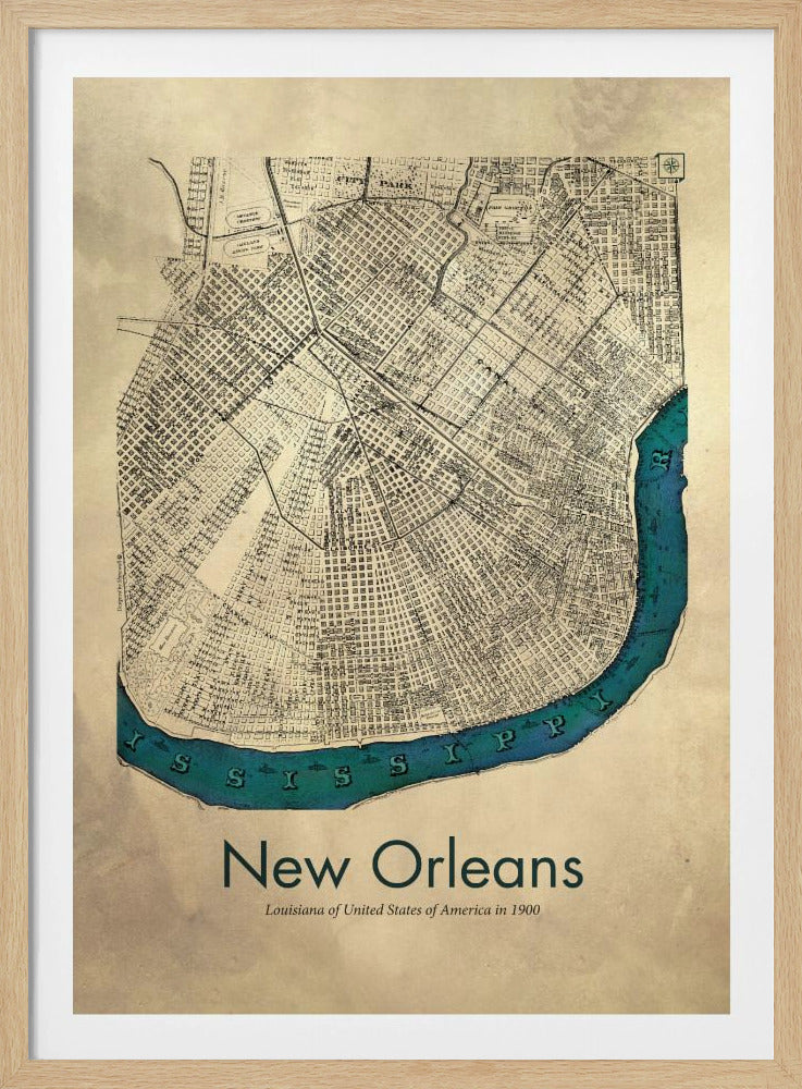 A framed vintage-style map of New Orleans from 1900. The map details are in black ink on a beige, aged paper background. The Mississippi River is highlighted in a vibrant teal color, curving around the bottom of the city grid. The text 'New Orleans' is displayed prominently at the bottom. Decor