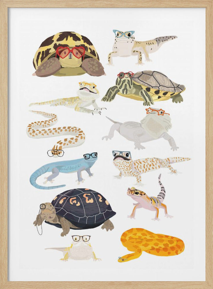 An art print featuring reptiles wearing glasses, showcasing a humorous and unique animal portrait. Poster