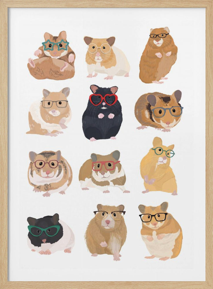 A whimsical art print featuring multiple hamsters wearing various styles of glasses. Print