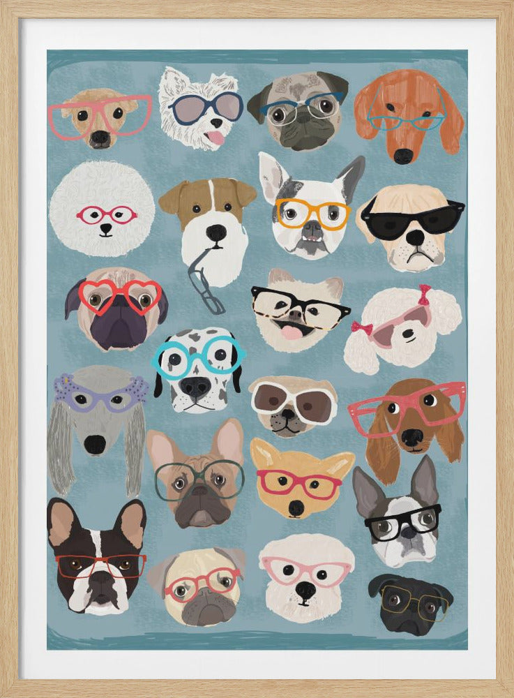 A whimsical illustration featuring the heads of 24 different dogs, each wearing a unique and colorful pair of glasses. The dogs are arranged in a grid pattern against a solid light blue background, all enclosed within a simple black frame. Print