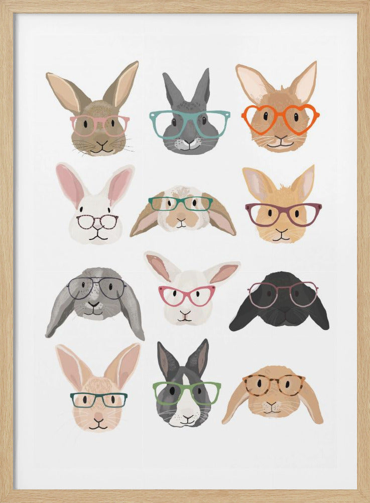 A charming illustration featuring twelve different rabbit heads, each with a unique breed, fur color, and expression, all humorously wearing colorful and stylish eyeglasses against a plain white background. Print