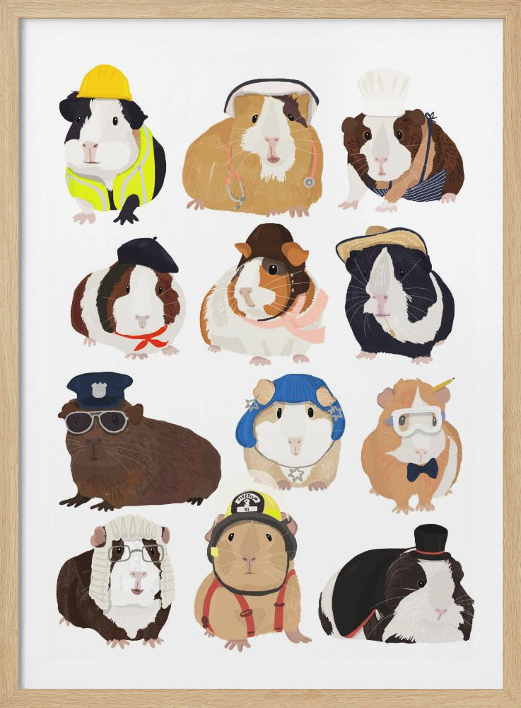A whimsical poster featuring a grid of twelve illustrated guinea pigs, each dressed in a different costume representing various professions and characters, including a construction worker, doctor, chef, police officer, firefighter, and judge, all on a plain white background. Print