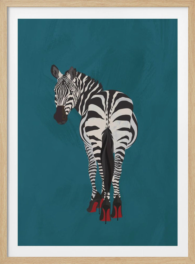 A stylized illustration of a zebra from behind, looking over its shoulder. It is wearing four black high-heeled shoes with bright red soles. The background is a solid, textured teal color, and the entire piece is set within a black frame. Wall Art