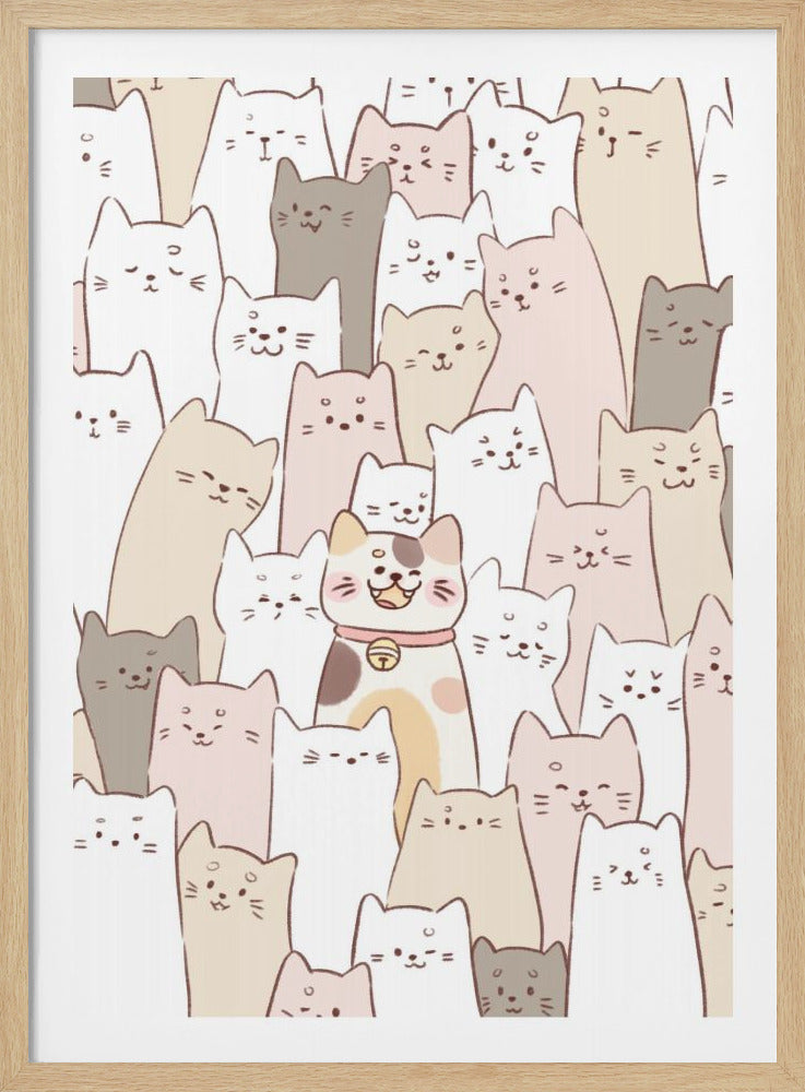 A cute cartoon illustration of a large crowd of cats packed together. The cats are drawn in a simple style with muted colors like beige, white, pink, and grey. One smiling calico cat in the center wears a pink collar with a gold bell and stands out from the rest. Artwork