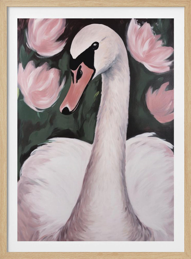 A majestic white swan gracefully swimming in a calm pond, surrounded by lush natural scenery. Decor