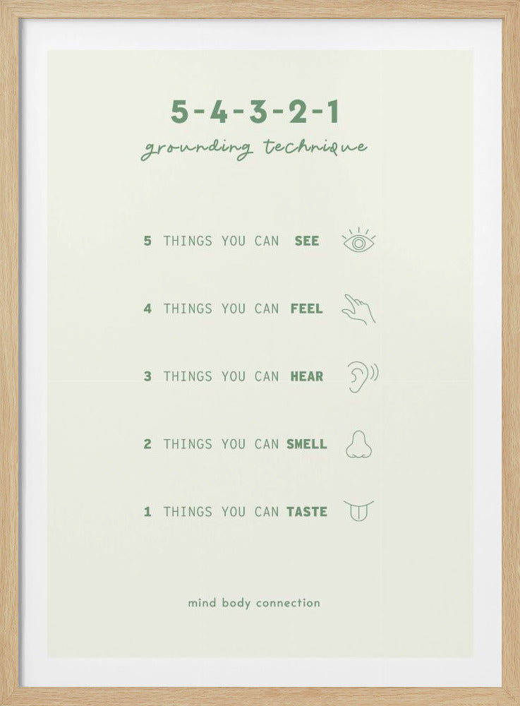 A minimalist poster in a black frame detailing the '5-4-3-2-1 grounding technique' for mindfulness. The text is in a soft green on a light cream background, listing the five senses with corresponding numbers: 5 things to see, 4 to feel, 3 to hear, 2 to smell, and 1 to taste, each with a simple icon. The bottom reads 'mind body connection'. Print