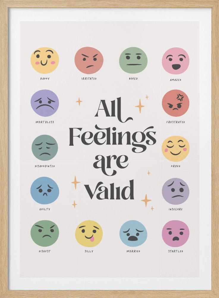 An inspirational poster in a black frame with the phrase 'All Feelings are valid' in stylized black text at the center. Surrounding the text are 16 colorful circular emojis, each labeled with a different emotion like happy, irritated, sad, and proud. Print