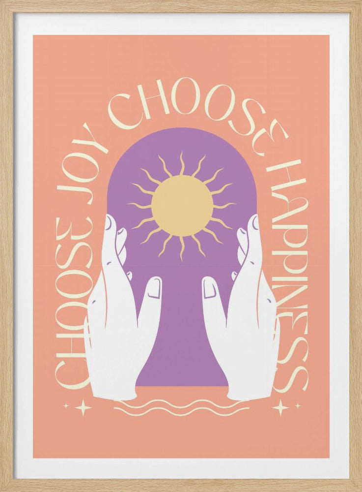 An inspirational art print featuring a peach background and a central design. Two white hands hold a purple archway that frames a yellow sun. The words 'Choose Joy' and 'Choose Happiness' curve around the central image in a tan font. Wall Art