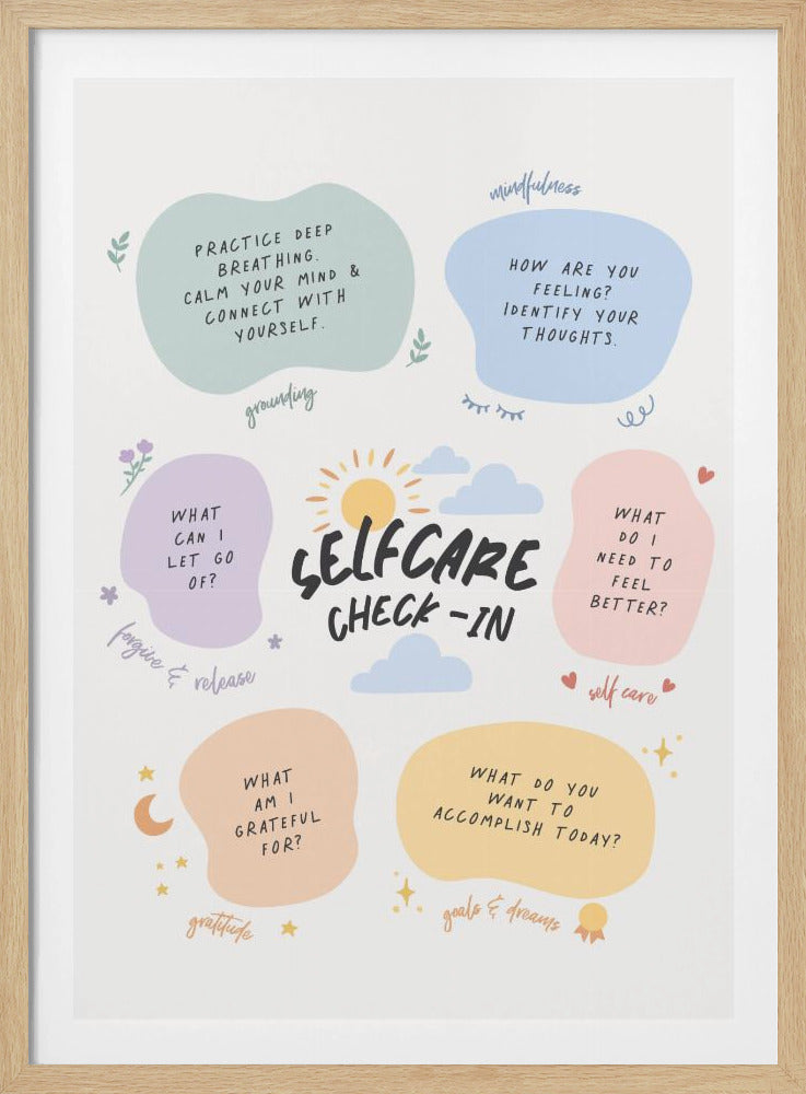 A framed 'Selfcare Check-in' poster on a white background. The central text is surrounded by a sun and clouds. Six pastel-colored, cloud-like shapes contain prompts for mental well-being, such as 'How are you feeling?', 'What can I let go of?', and 'What am I grateful for?'. Each prompt is categorized with words like 'mindfulness', 'grounding', and 'gratitude' in cursive script. Decor