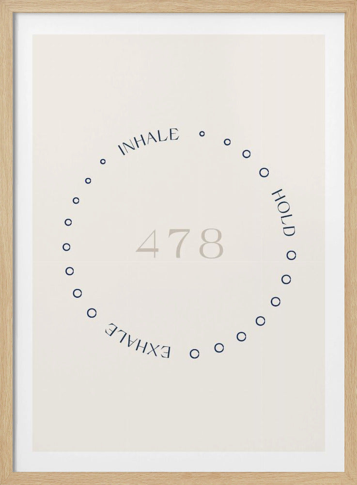 A framed minimalist poster illustrating the 4-7-8 breathing technique. A circle of blue dots on an off-white background contains the light gray numbers '478', with the words 'INHALE', 'HOLD', and 'EXHALE' written in blue along the circle's path. Wall Art