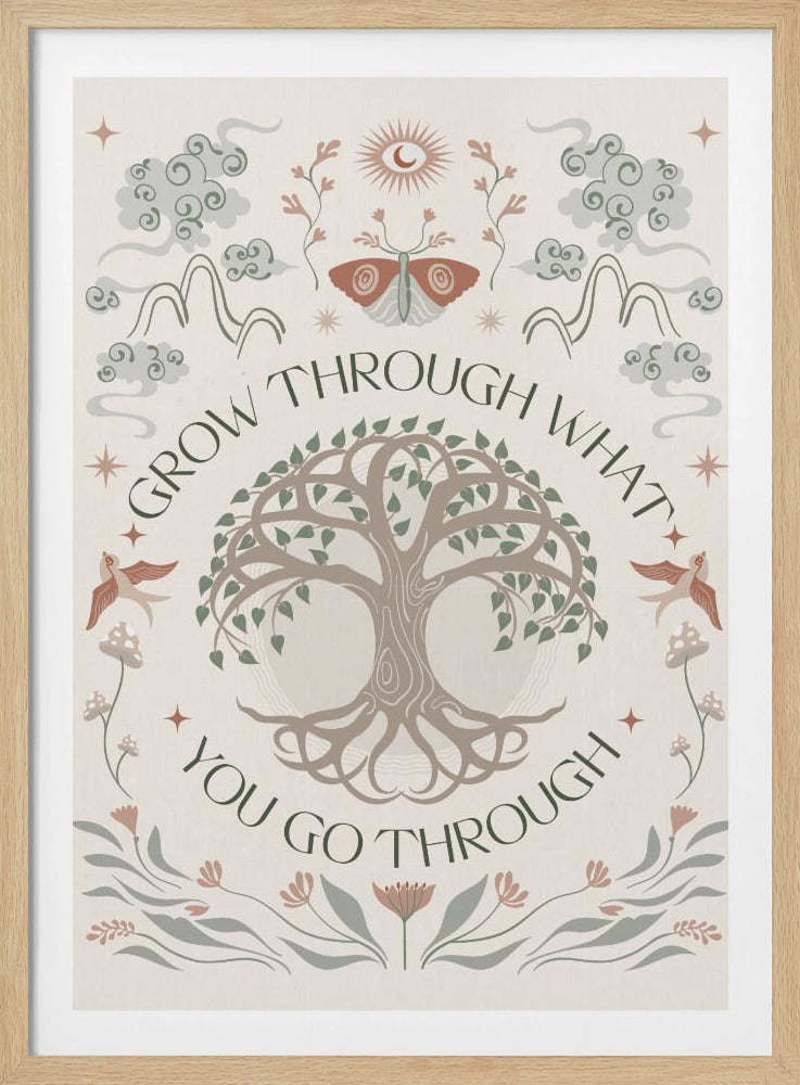 A bohemian-style inspirational poster with the quote 'Grow through what you go through' encircling a central Tree of Life. The artwork features mystical elements like a moth, sun, mountains, and birds in a muted color palette of sage green, dusty rose, and taupe on a cream background. Decor