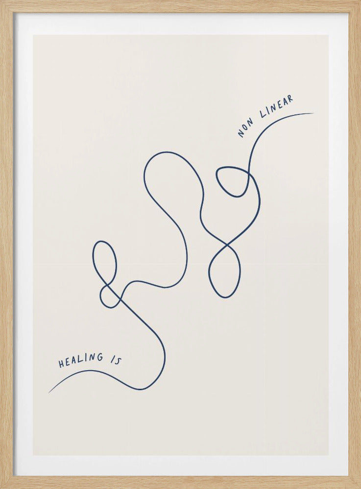A minimalist art print in a black frame featuring a continuous, looping dark blue line on a cream background. The phrase 'Healing is non linear' is written along the line. Wall Art