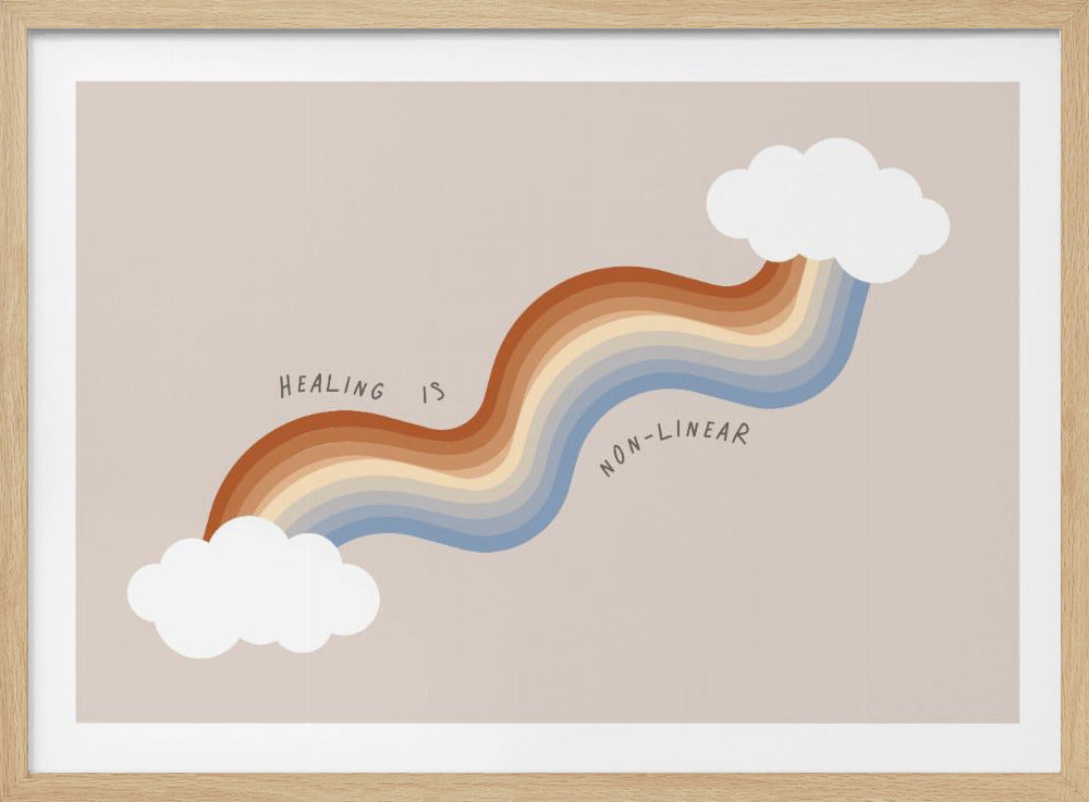 A framed art print featuring a wavy, muted rainbow in earthy browns and cool blues on a light pink background. The rainbow stretches between two fluffy white clouds. The words 'HEALING IS NON-LINEAR' are written in a simple font following the curve of the rainbow. Print