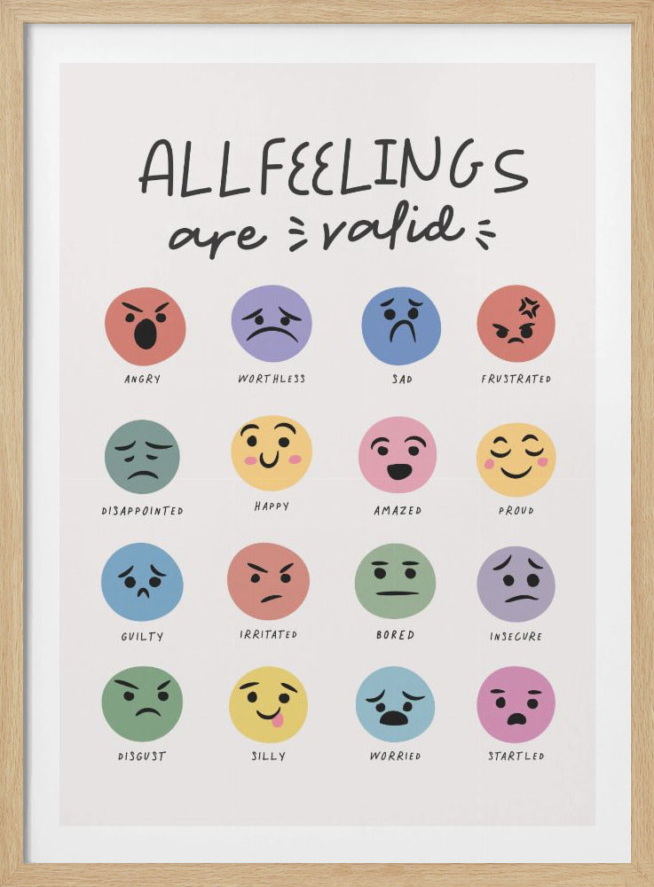A framed poster titled 'ALL FEELINGS are valid' in a handwritten font. Below the title is a grid of 16 colorful circular emojis, each depicting a different emotion such as angry, happy, sad, and proud, with the name of the feeling written below each emoji. Wall Art