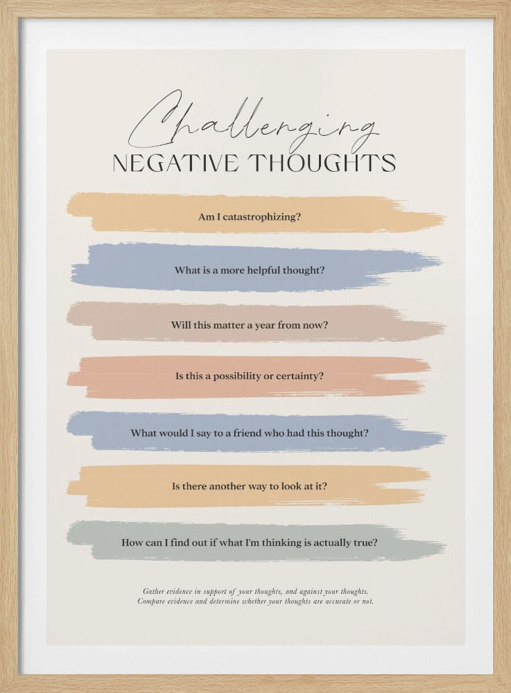 An inspirational poster in a black frame, titled 'Challenging Negative Thoughts'. It features a list of questions such as 'Am I catastrophizing?' and 'Will this matter a year from now?', each on a muted color brushstroke background, designed to promote positive thinking and self-reflection. Poster