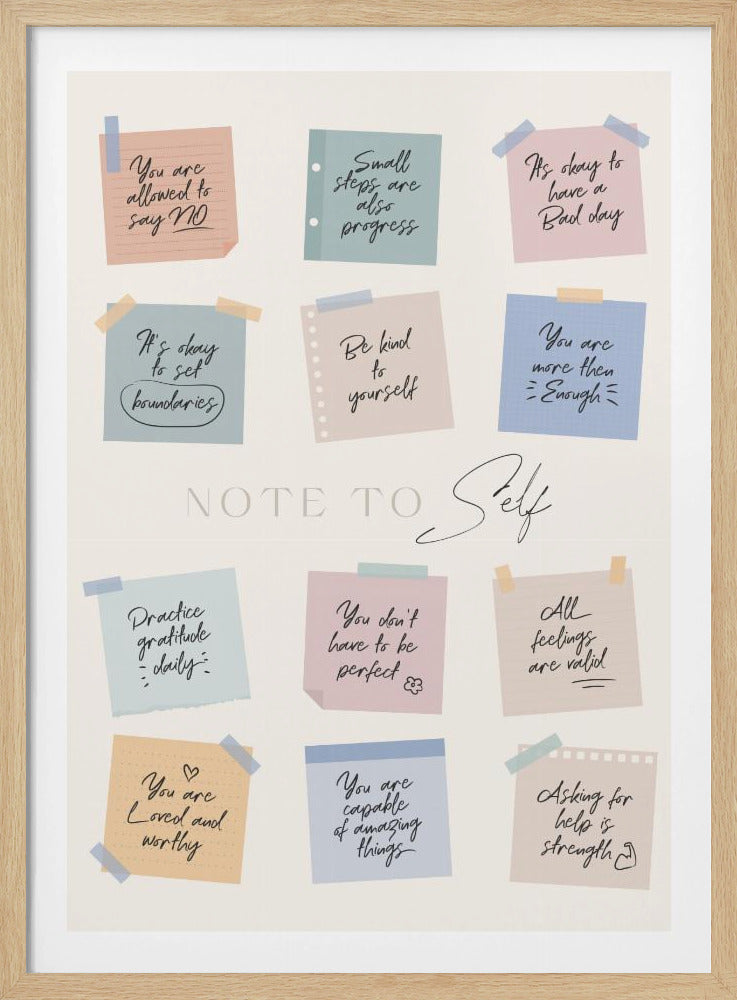 A framed poster titled 'NOTE TO Self' featuring a collection of twelve colorful sticky notes with handwritten positive affirmations. The notes, in pastel shades of pink, blue, green, and tan, include messages like 'Small steps are also progress,' 'Be kind to yourself,' and 'You are loved and worthy.' Wall Art