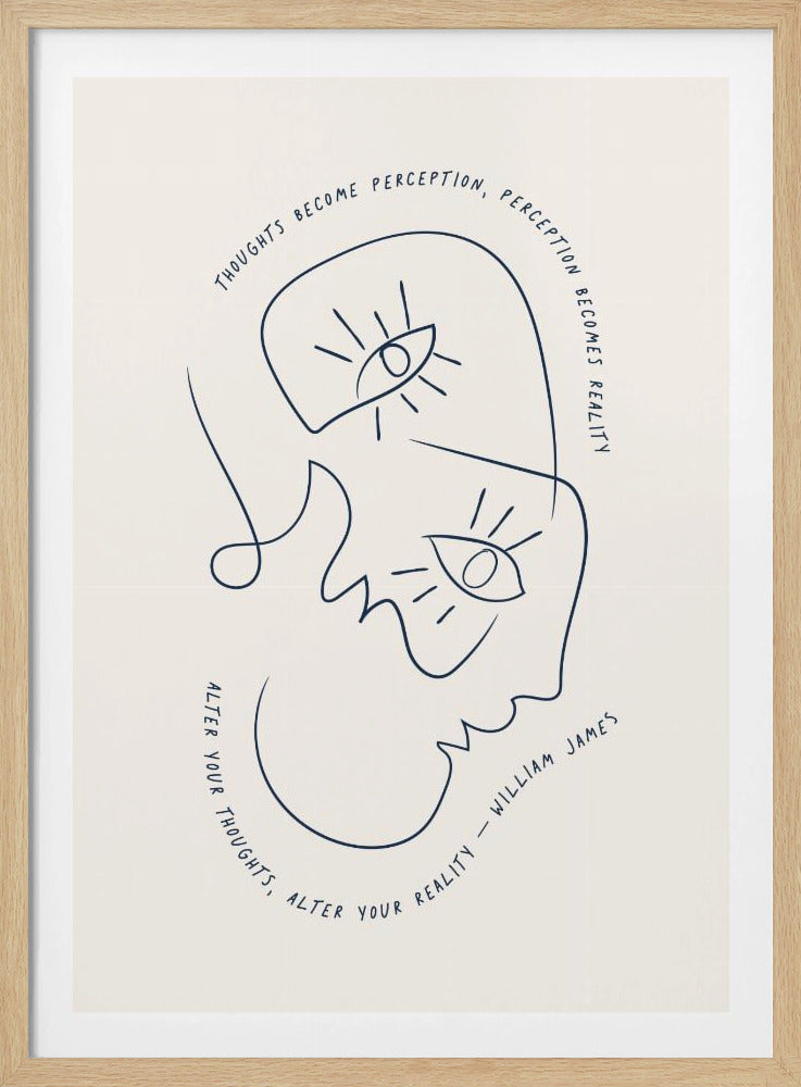 A minimalist line art poster in a black frame with a cream background. It features a single, continuous dark blue line forming two abstract faces with open eyes. An inspirational quote by William James curves around the artwork: 'Thoughts become perception, perception becomes reality. Alter your thoughts, alter your reality.' Print
