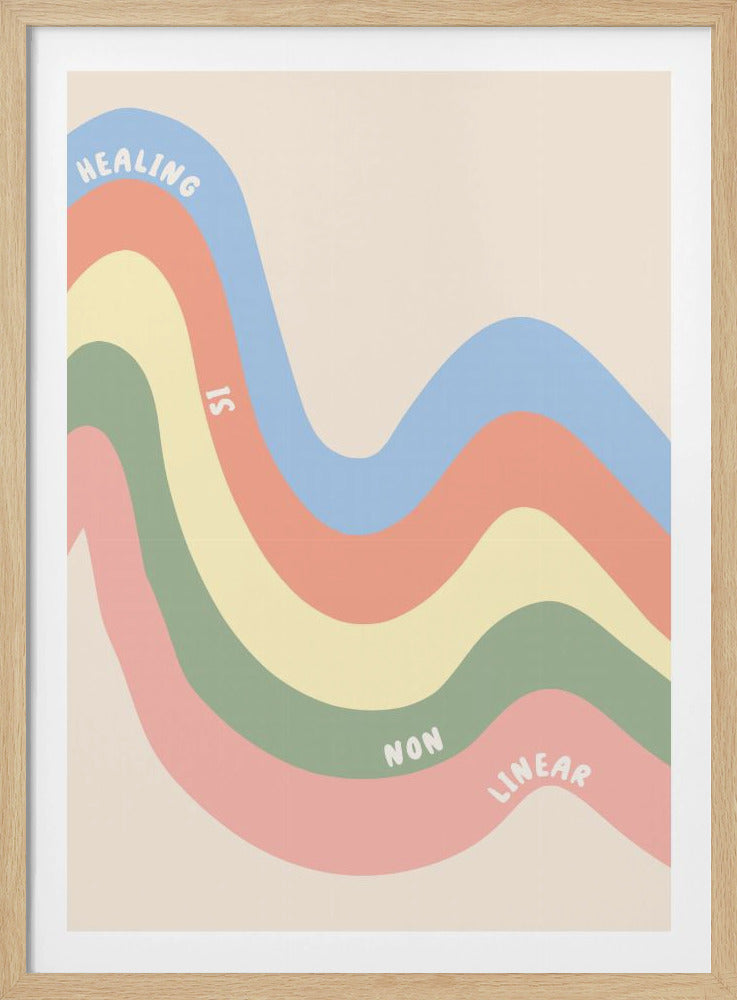 An inspirational poster with the words 'Healing is non-linear' written along flowing, wavy lines in pastel shades of blue, coral, yellow, green, and pink against a cream background. Poster