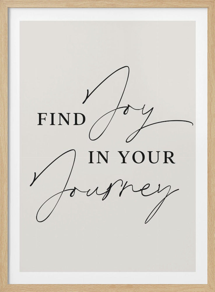 A minimalist typographic art piece in a black frame. It features the quote 'Find Joy in Your Journey' in black text on an off-white background. The words 'Find' and 'in your' are in a simple serif font, while 'Joy' and 'Journey' are written in a large, elegant, flowing script. Decor