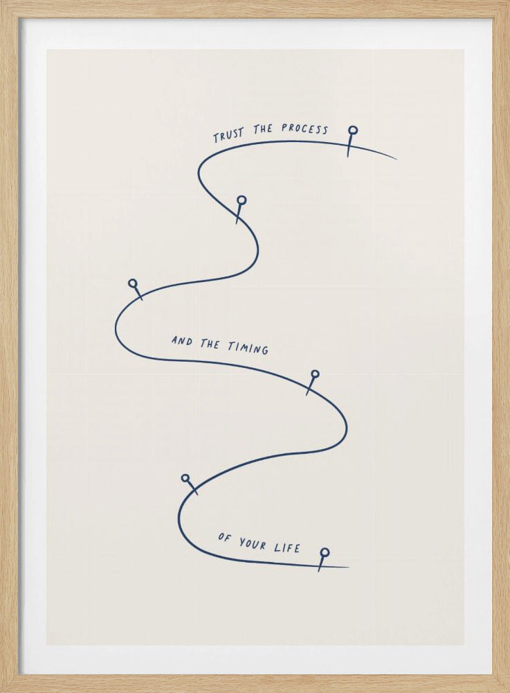 A minimalist framed artwork featuring the motivational quote 'Trust the process and the timing of your life'. The text is written alongside a winding blue line with pins, symbolizing a life's journey, on a cream-colored background. Print