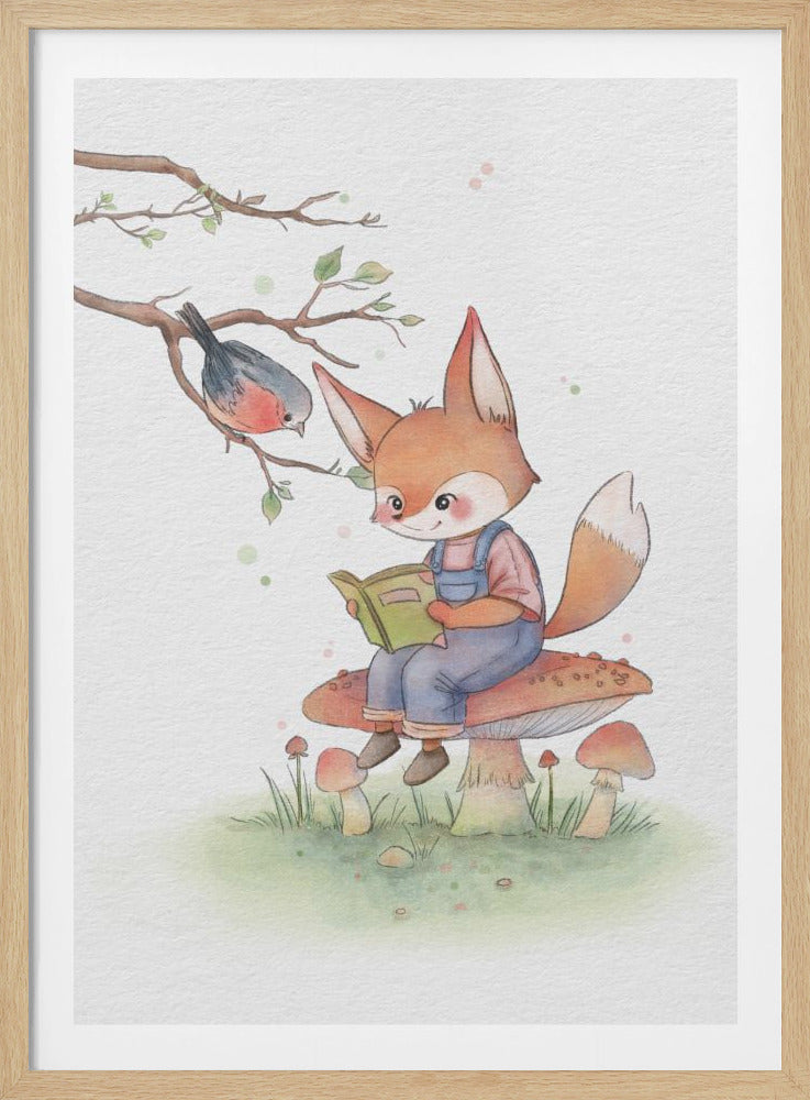 A charming watercolor illustration of a cute fox wearing blue overalls, sitting on a large red-capped mushroom and reading a book. A small bird with a red breast is perched on a leafy branch above, looking down at the reading fox. Wall Art