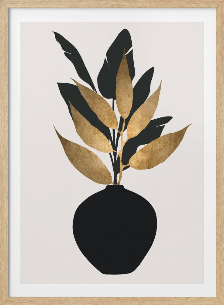 A minimalist framed artwork featuring a black vase holding a plant with both black silhouette leaves and textured gold leaves, set against a simple off-white background. Wall Art
