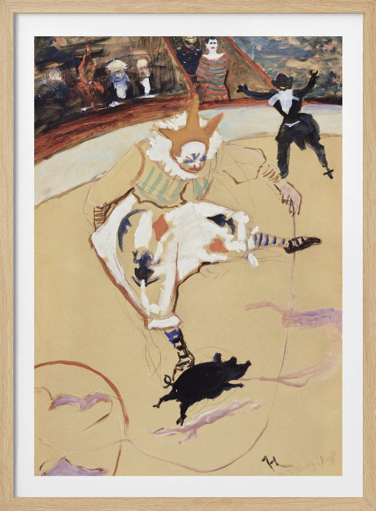 A vintage painting by Henri de Toulouse-Lautrec titled 'The Clown Chau-u-kao with a Pig'. The artwork shows a clown in a white costume with a pointed hat and ruffled collar in a circus ring, performing with a small black pig. In the background, another performer and an audience can be seen. Poster