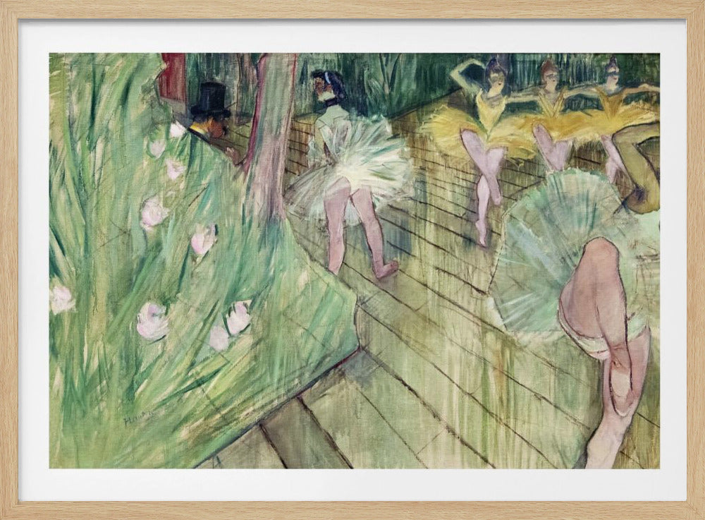 An impressionist painting by Edgar Degas depicting a backstage view of ballet dancers. A large green curtain is prominent on the left, with several ballerinas in yellow, white, and green tutus scattered across a wooden stage floor. Decor