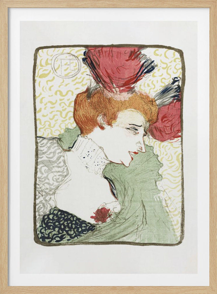 A vintage lithograph portrait by Henri de Toulouse-Lautrec of the actress Mademoiselle Marcelle Lender. She is depicted in profile with auburn hair in an updo, wearing an elaborate red feathered hat. Her expression is somewhat melancholic as she looks downwards. She is dressed in a green shawl over a high-collared blouse. The background is a pale yellow with a delicate, swirling pattern. Wall Art
